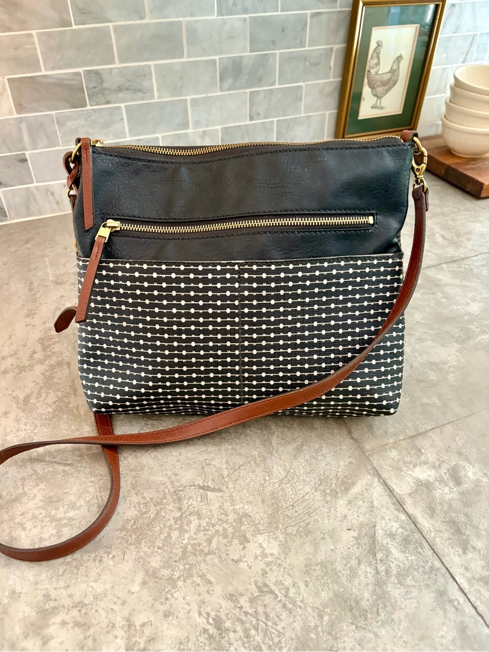 Fossil Fiona crossbody bag in a black and white geometric